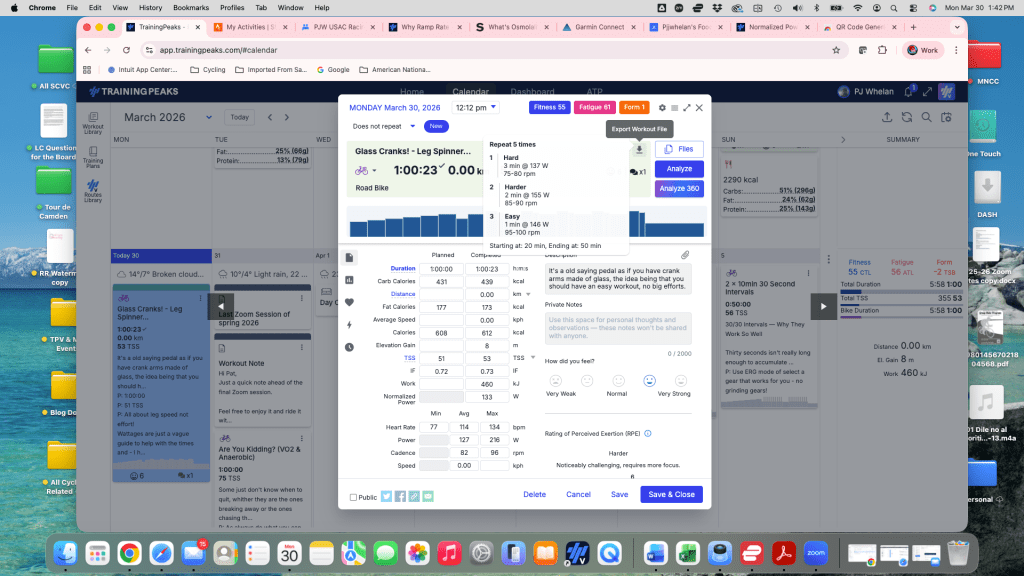 Screenshot of a TrainingPeaks workout schedule for March 30, 2026, showing details for a cycling workout titled 'Glass Cranks! - Leg Spinner...' with metrics like duration, power, and heart rate.