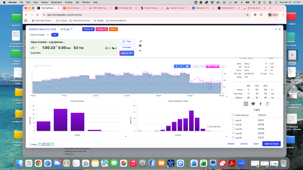 Screenshot of the TrainingPeaks app displaying a workout summary for cycling on March 30, 2022. It includes metrics like duration (1:00:23), distance (0.00 km), Training Stress Score (TSS: 53), and a Power Distribution Chart showing various power zones.