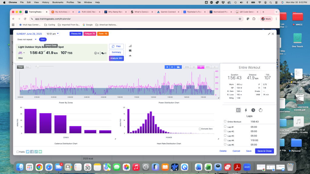 Screenshot of a workout summary from TrainingPeaks, displaying metrics including duration, distance, and training stress score (TSS) along with graphical charts for power distribution and cadence.