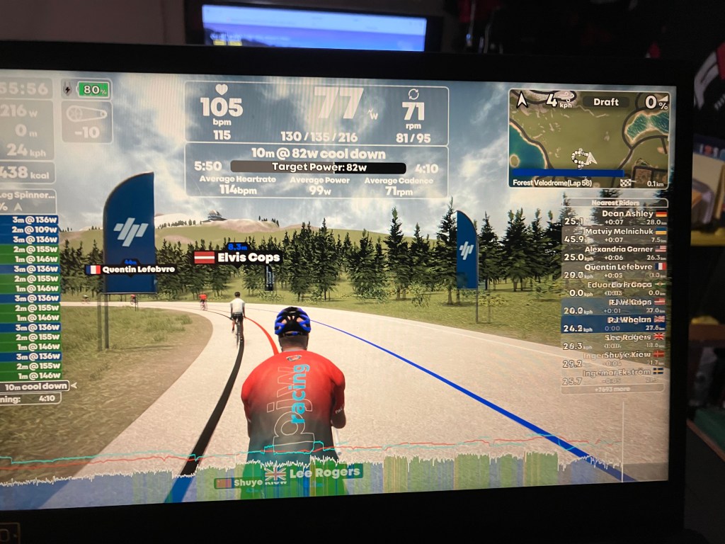 A screenshot of a cycling simulation showing a virtual landscape with cyclists. The screen displays various metrics such as heart rate, speed, power, and rider names. The riders are competing on a track while a leaderboard shows their positions and times.