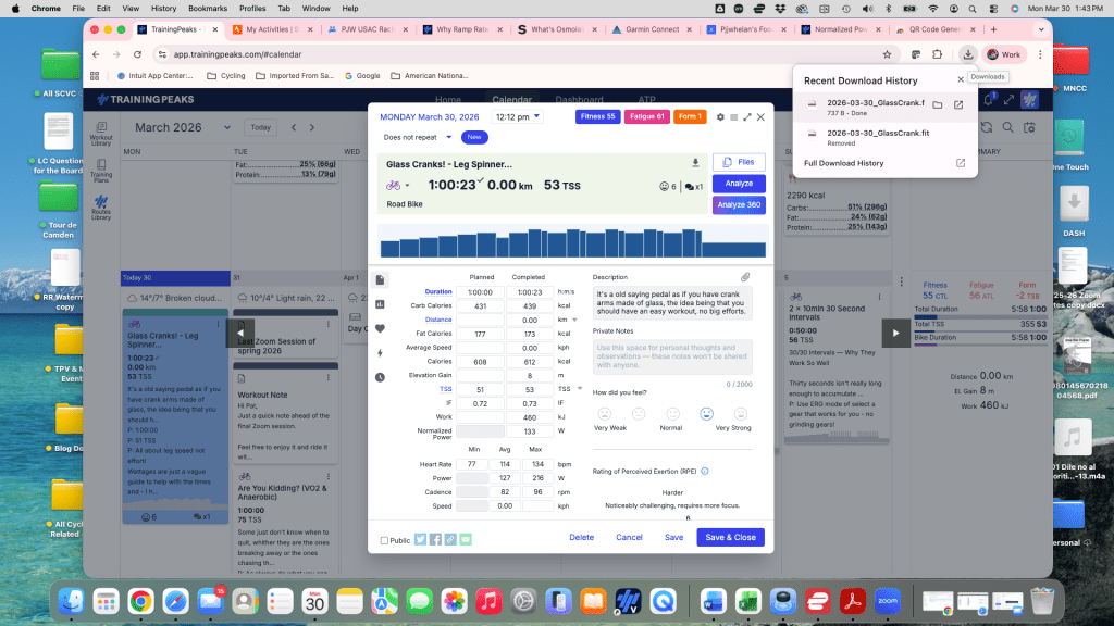 Screenshot of the TrainingPeaks platform showing a training session for March 30, 2026, titled 'Glass Cranks! - Leg Spinner' with details including duration, calories burned, intensity, and other metrics related to a cycling workout.